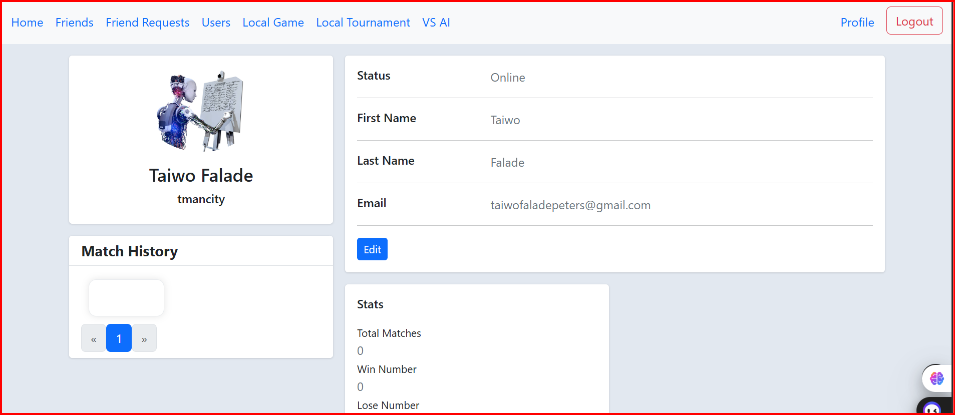 Game Profile Section showing user statistics